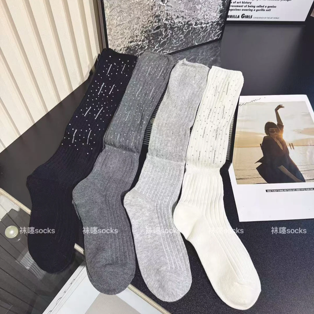 春夏新款黑白灰纯色系轻奢烫钻满天星时尚高筒薄款小腿堆堆袜