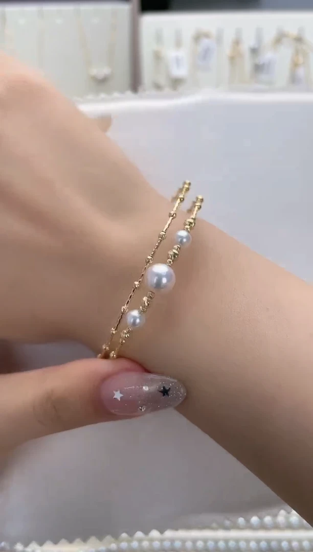 海水珍珠18K金镶嵌手绳双圈弹力手镯