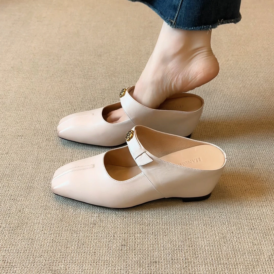 nnmiss·34-40/6.5cm简约方头山茶花一字带坡跟外穿百搭包头拖鞋