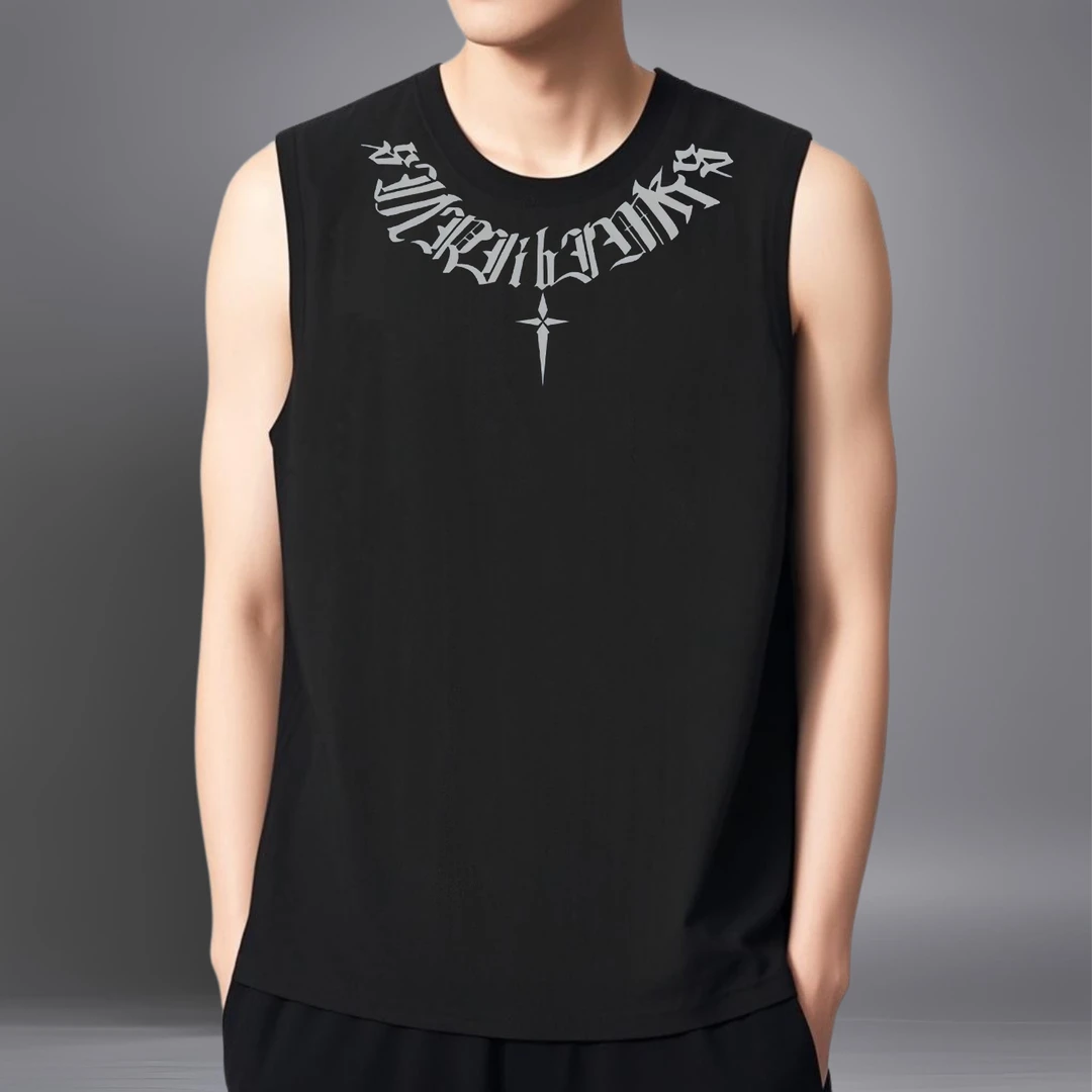 夏季纯棉无袖T恤男装上衣美式印花宽松运动背心时尚潮流打底衫男