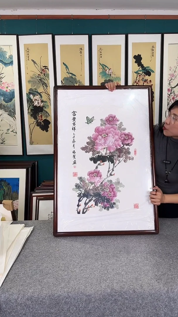 国画牡丹实木装裱60*90