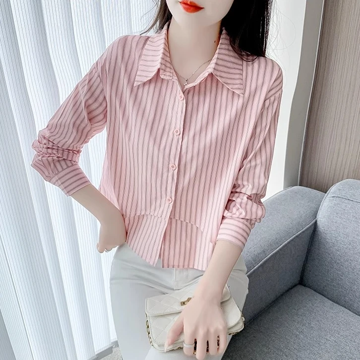 条纹衬衫女长袖春秋款减龄休闲洋气小个子短款衬衣轻奢高级感上衣
