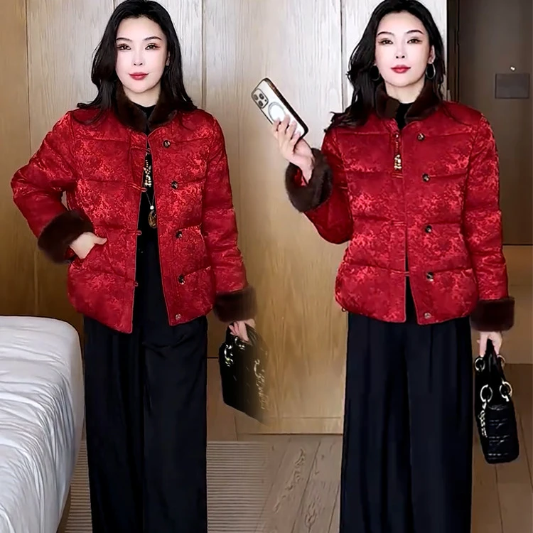 新中式国风提花毛领棉服女2025冬季新款洋气加厚保暖盘扣棉袄外套