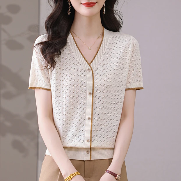 【天丝】纯色镂空提花V领假开衫薄款短袖女2025夏宽松洋气新款小衫