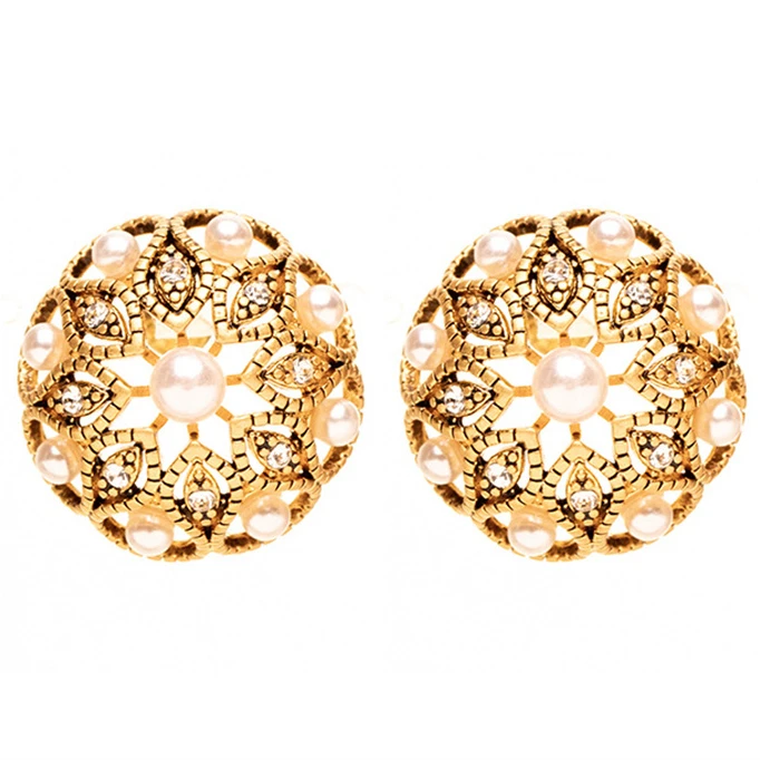 铜合金耳饰 半球圆形镂空花纹镶嵌珠珠925银针耳钉