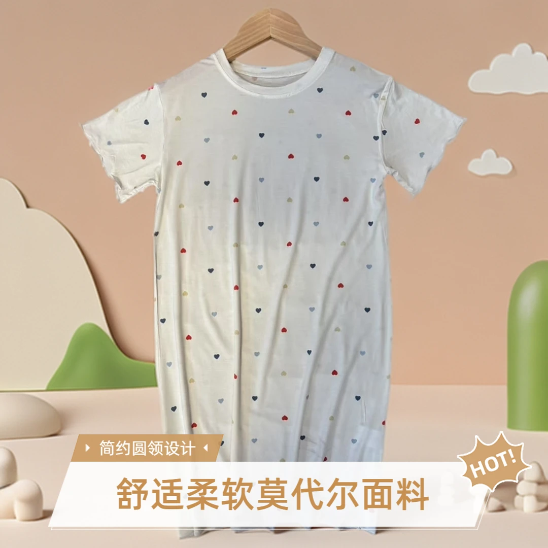 直25夏款新款女童莫代尔圆领睡裙柔软舒适薄款简约圆领中长款膝盖