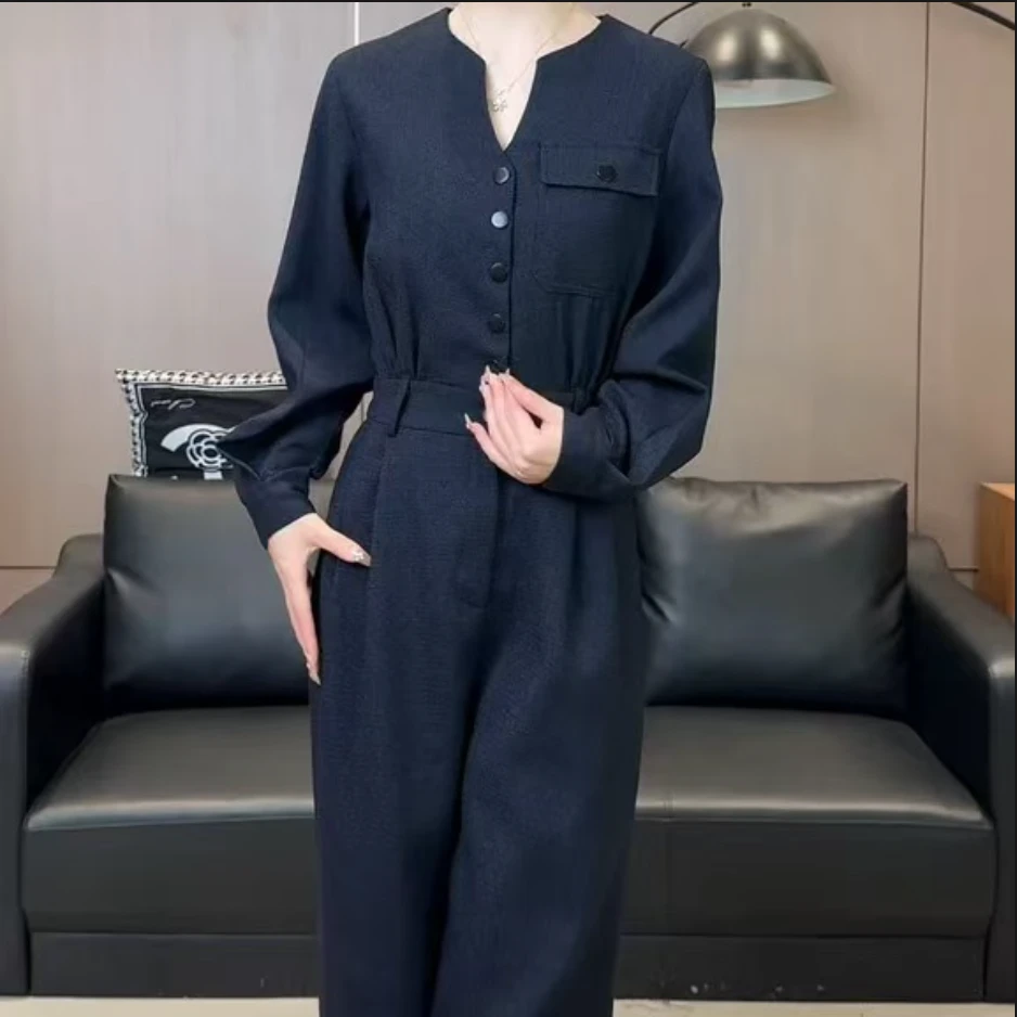 华姐定制--[H077]春季法式奢华风气质减龄单排扣设计感宽松连体裤