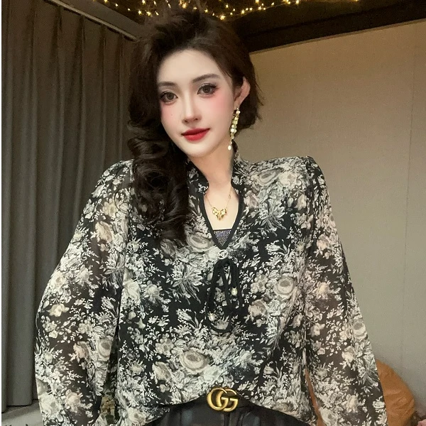 【春夏新款】欧货剪刀领碎花款微透套头衬衫带领结大码长袖上衣女