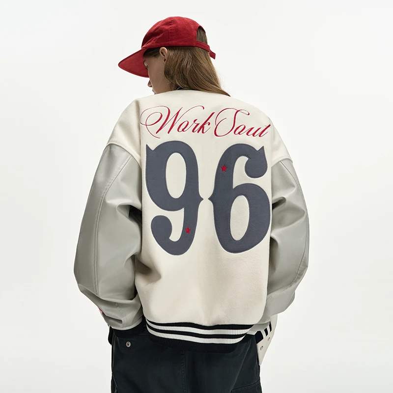 WORKSOUT贴皮绣数字棒球服美式复古宽松时尚休闲男女排扣夹克