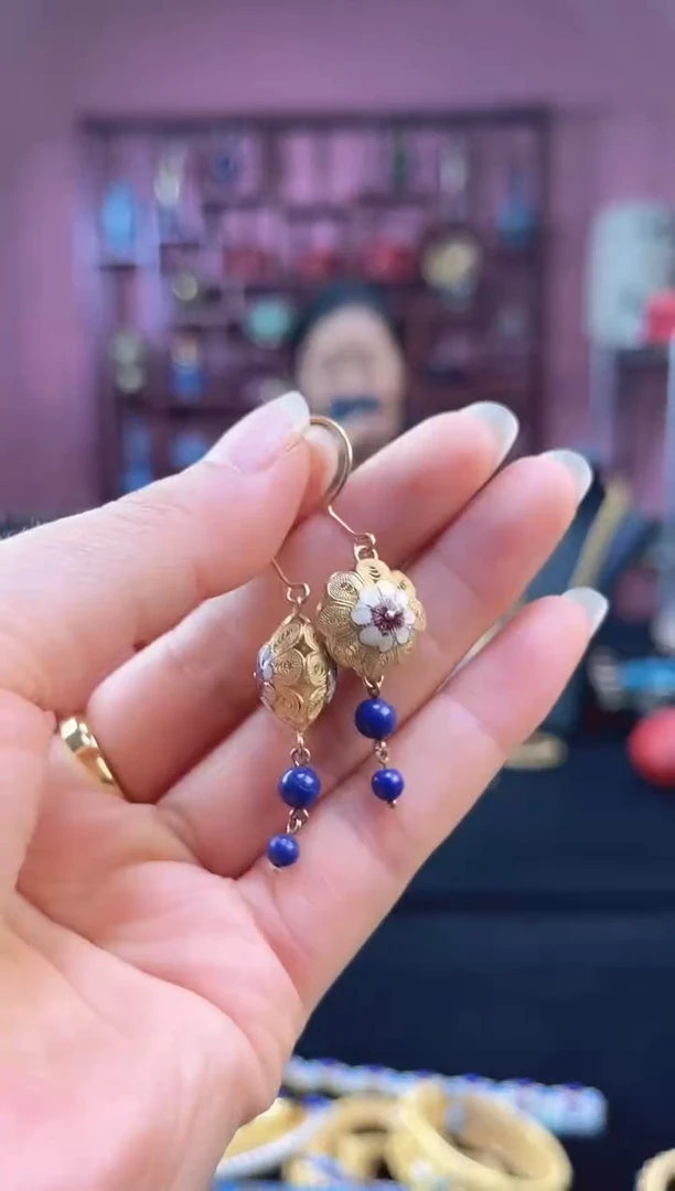 非遗技艺 花丝烧蓝耳饰 镀金