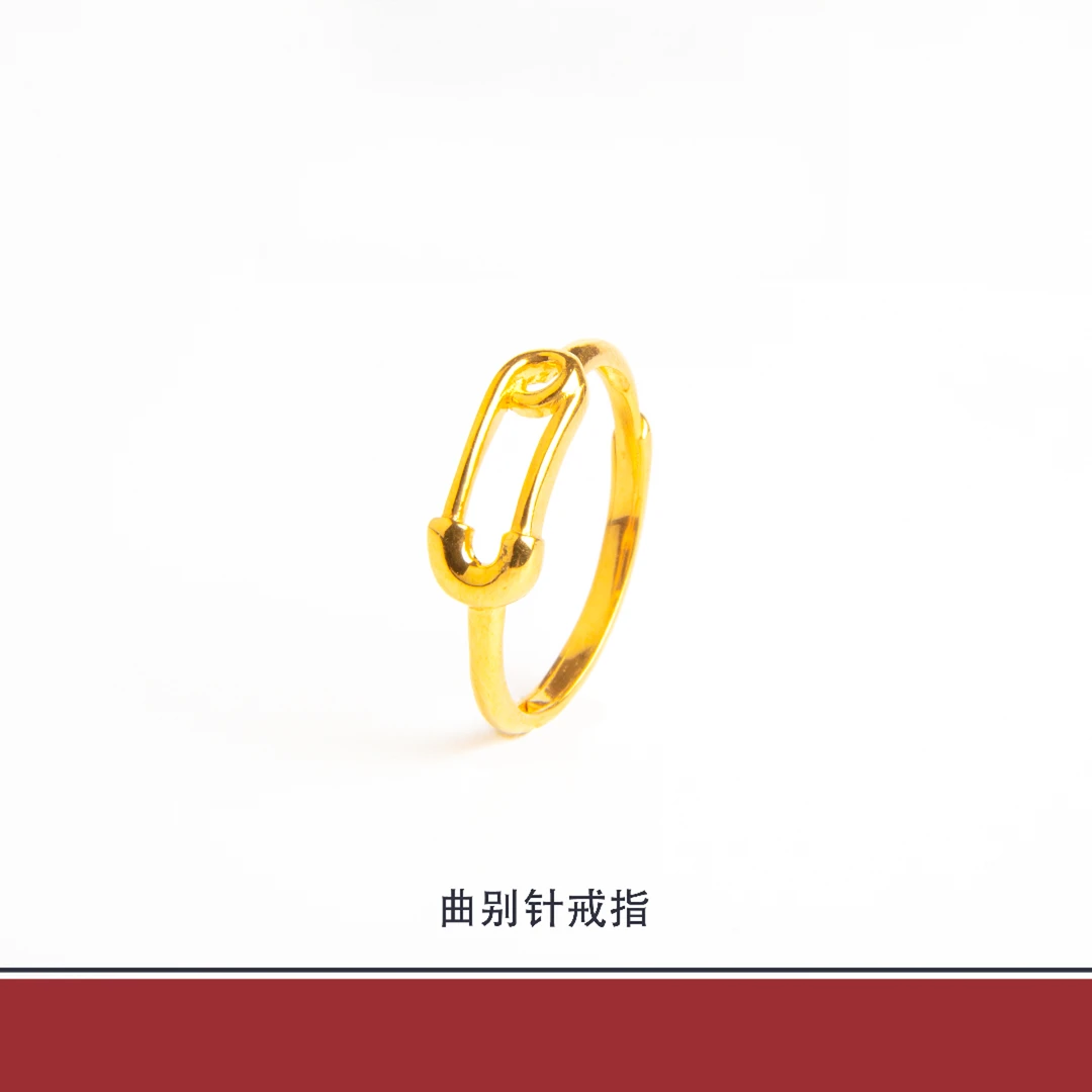 潮美福足金复古别针金戒指5G时尚个性女款黄金生日礼物送女友