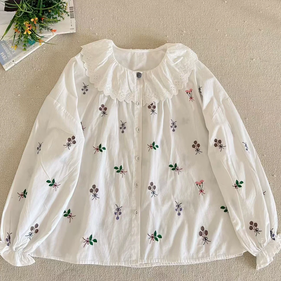 2025春秋新款大码全身小花娃娃领棉衬衫