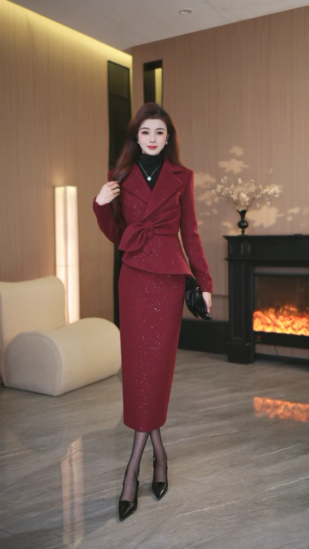 罗曼定制 高定原创时尚收腰西装领上衣+包臀裙本命年红色套装女冬