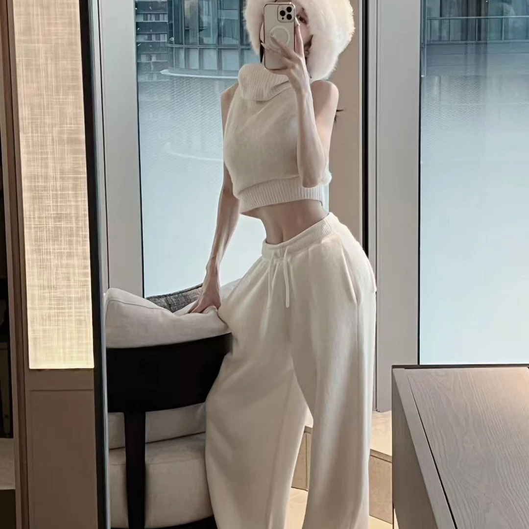 内搭性感辣妹气质高领背心针织上衣女秋冬连帽外套高腰阔腿裤套装