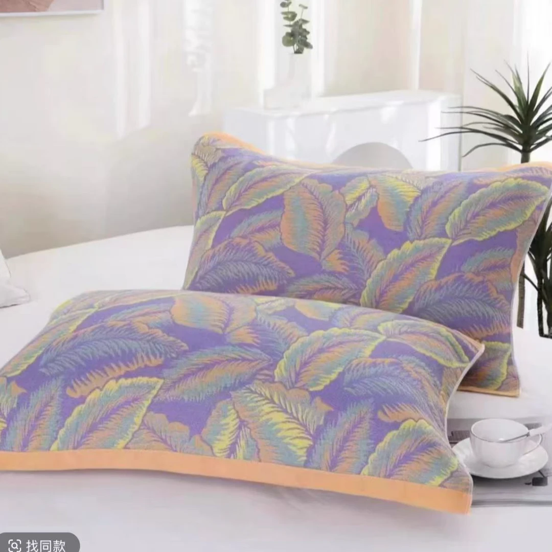 椰子紫色52×78一对纱布夹棉家用吸汗透气简约枕头盖巾柔软加厚