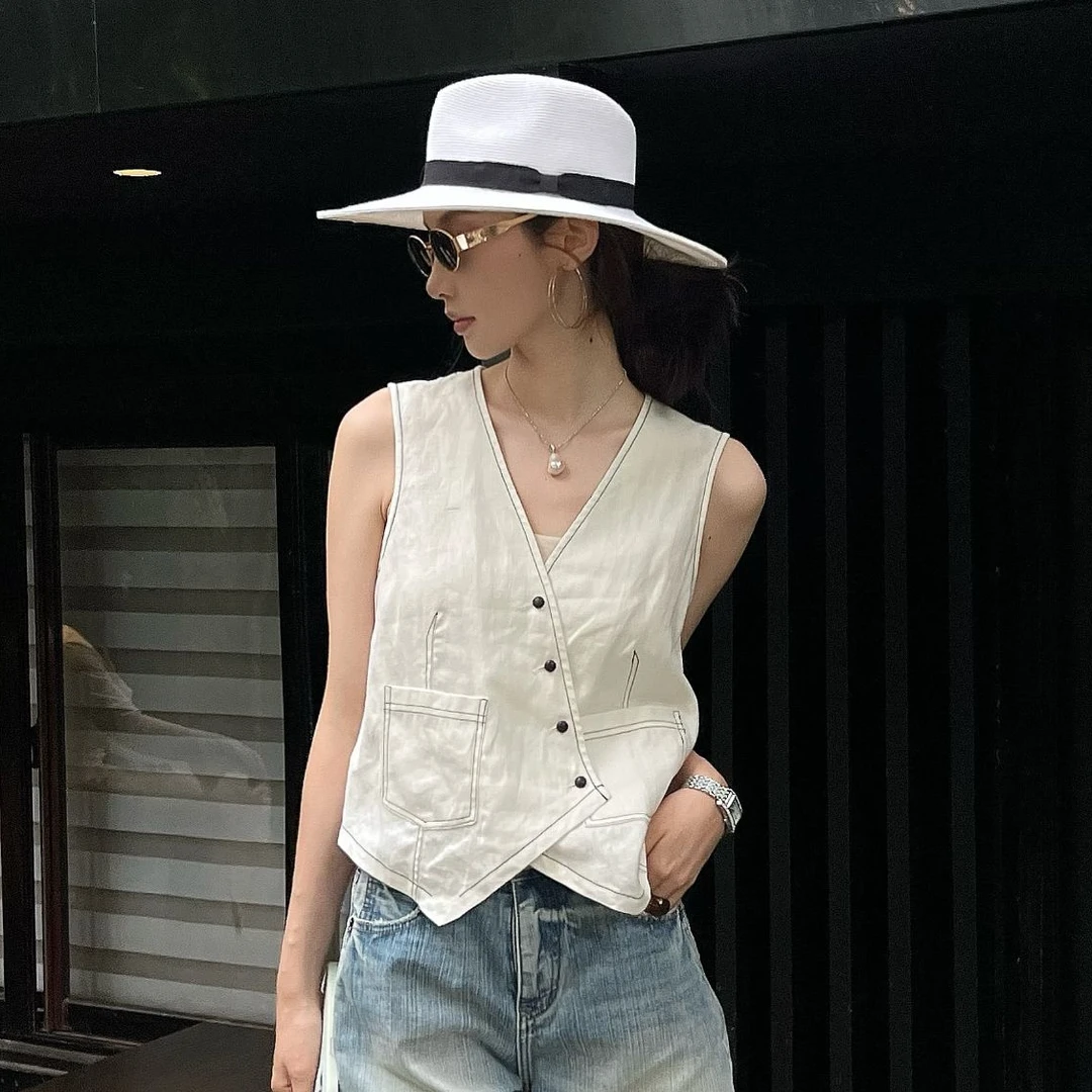 Nancy Lara 时尚简约白色亚麻马甲 NL659X12302