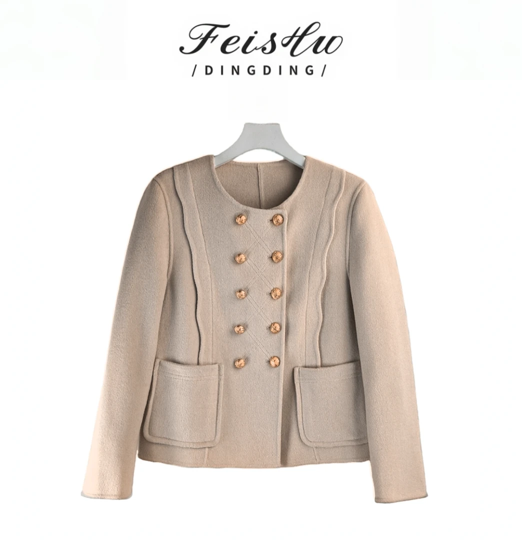 W009圆领常规女双排扣羊毛短外套秋冬富家千金风