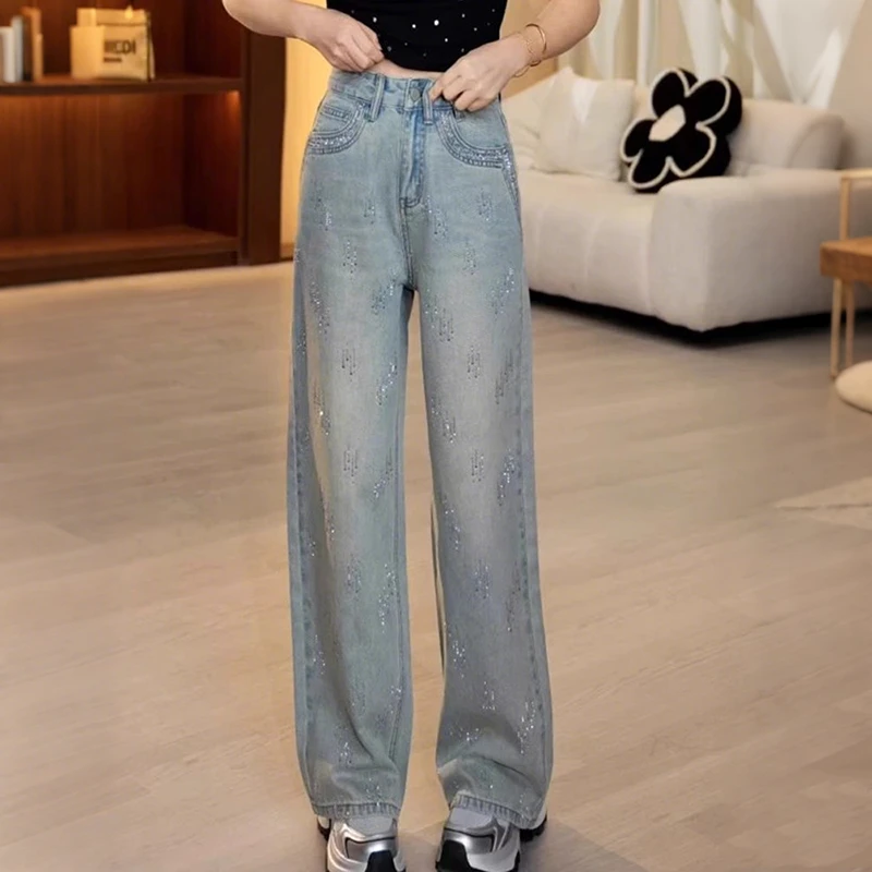 重工烫钻高腰牛仔裤女长裤2025年春季新款显瘦百搭宽松直筒阔腿裤