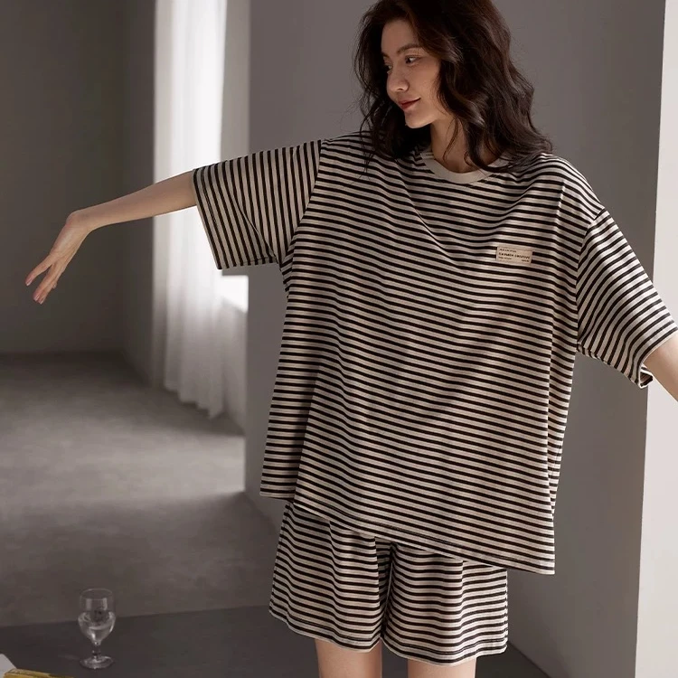 睡衣女夏季纯棉短袖短裤家居服夏天休闲套头圆领套装 (奶咖条纹)