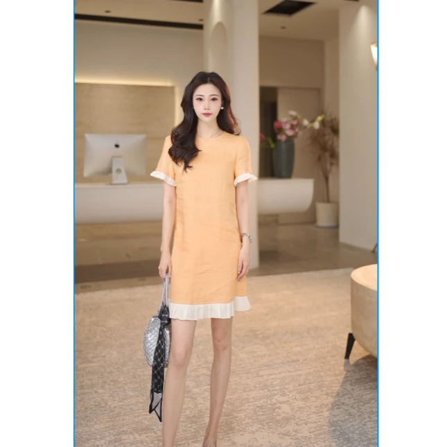 【Sia Yang 】2025夏新款圆领桔色拼接荷叶边设计韩版连衣裙2656