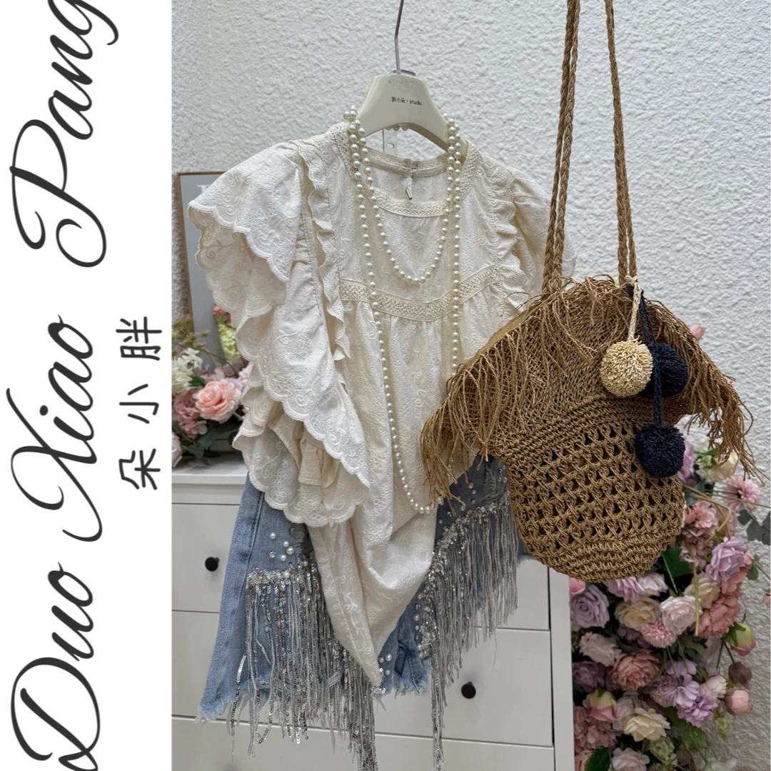 大码胖MM法式镂空刺绣小飞袖蕾丝衬衫女夏季遮肚子显瘦上衣9318