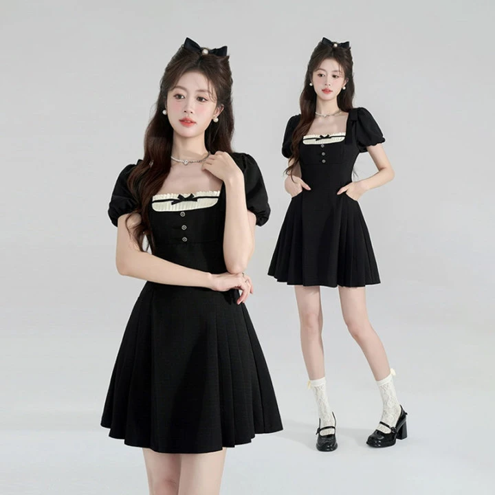 法式赫本风黑色连衣裙女夏季甜美初恋收腰a字百褶裙公主裙子D0836