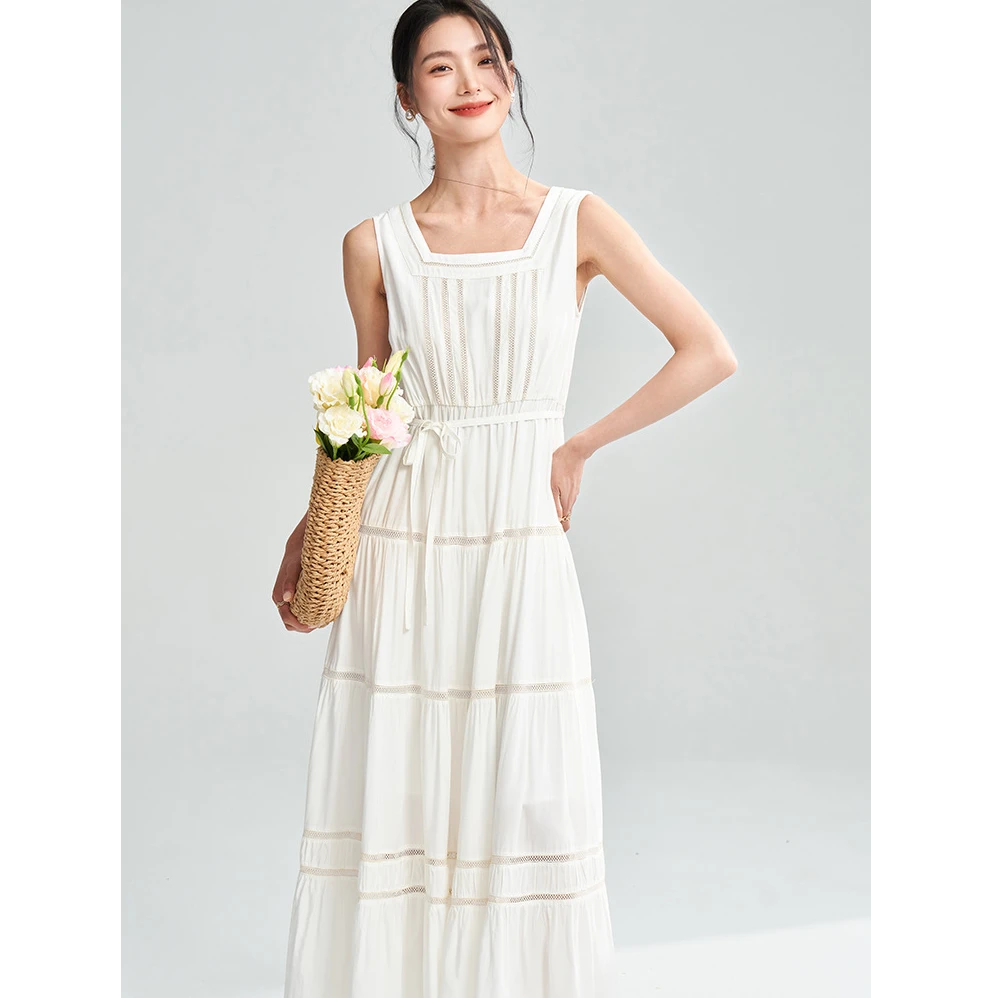 【直播间同价】花边拼接设计收腰长款公主裙仙女连衣裙白色18286