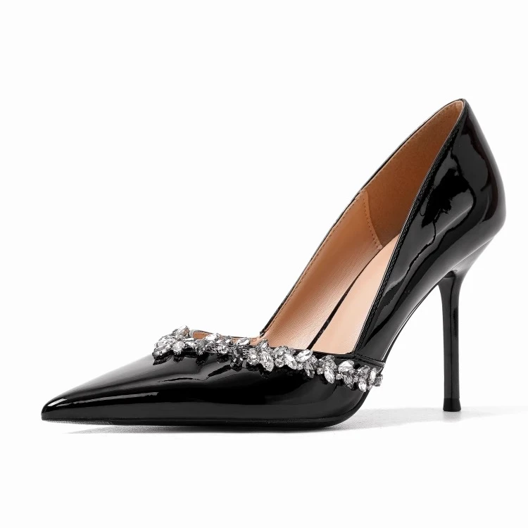 【TOKHO】尖头亮面法式水钻尖头百搭御姐气质细高跟女鞋黑色时尚