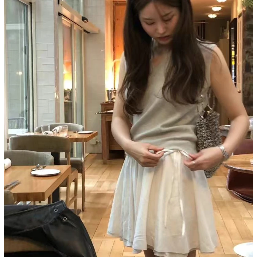 韩国东大门2025春夏ou*ce纯色气质甜美百搭抽绳减龄半身裙短裙