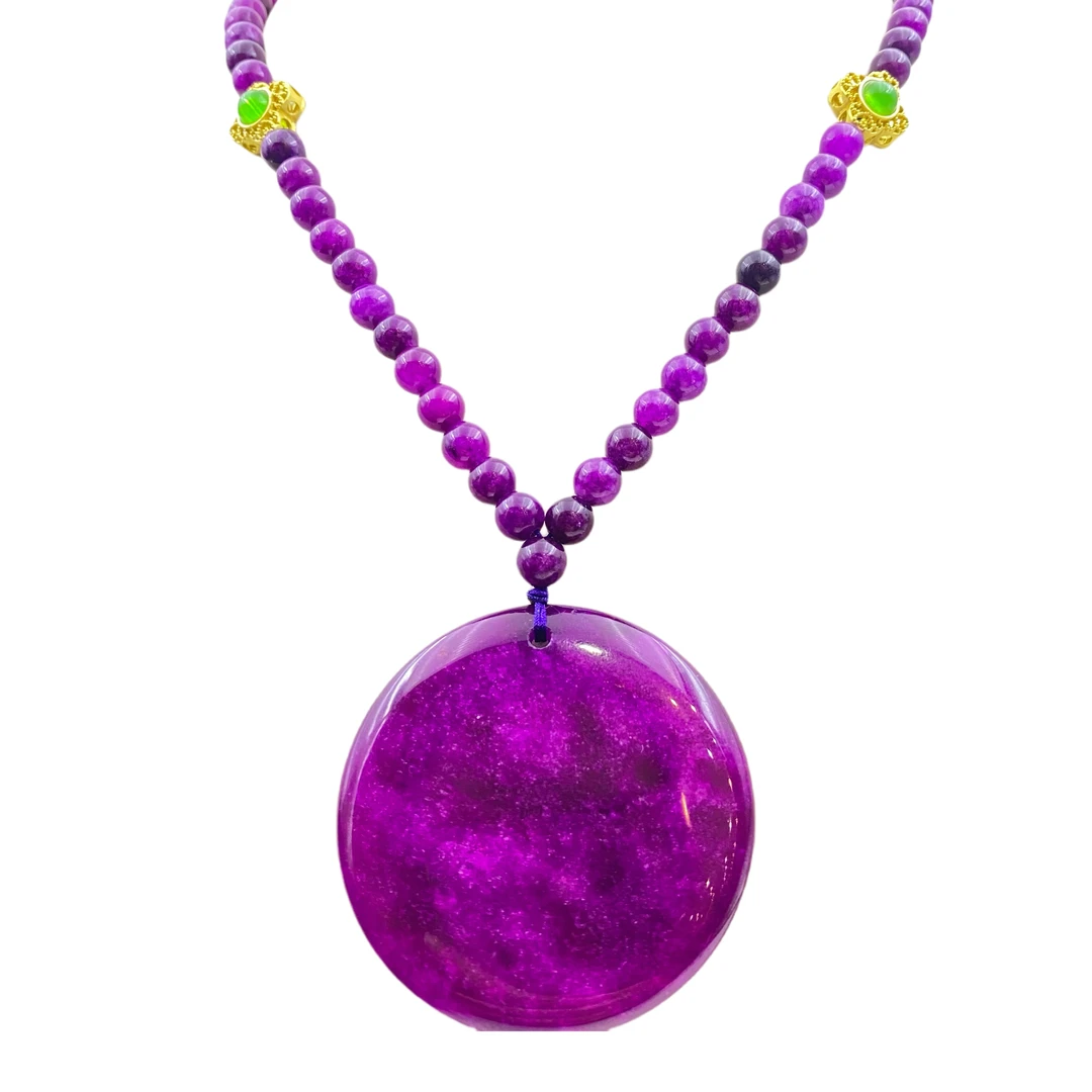 年代玉化玫瑰紫玛瑙平安圆牌项链X664X合金