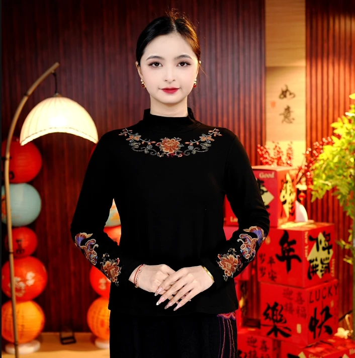 [锦鲤]柒夫人高定加绒加厚气质优雅百搭新中式刺绣打底衫