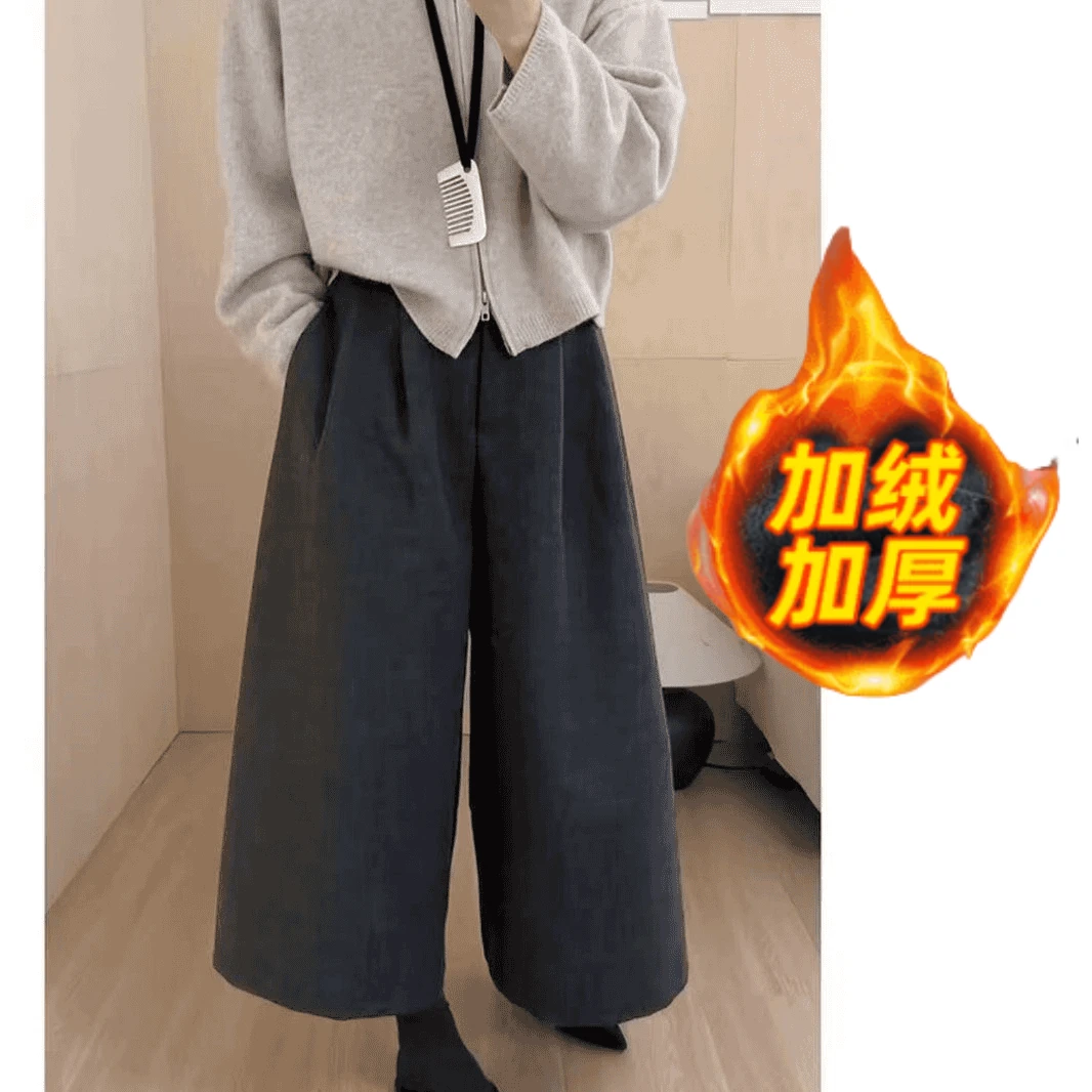 2025新款阔腿八分裤纯色厚款慵懒风拼接休闲裤女装秋季裤子显瘦
