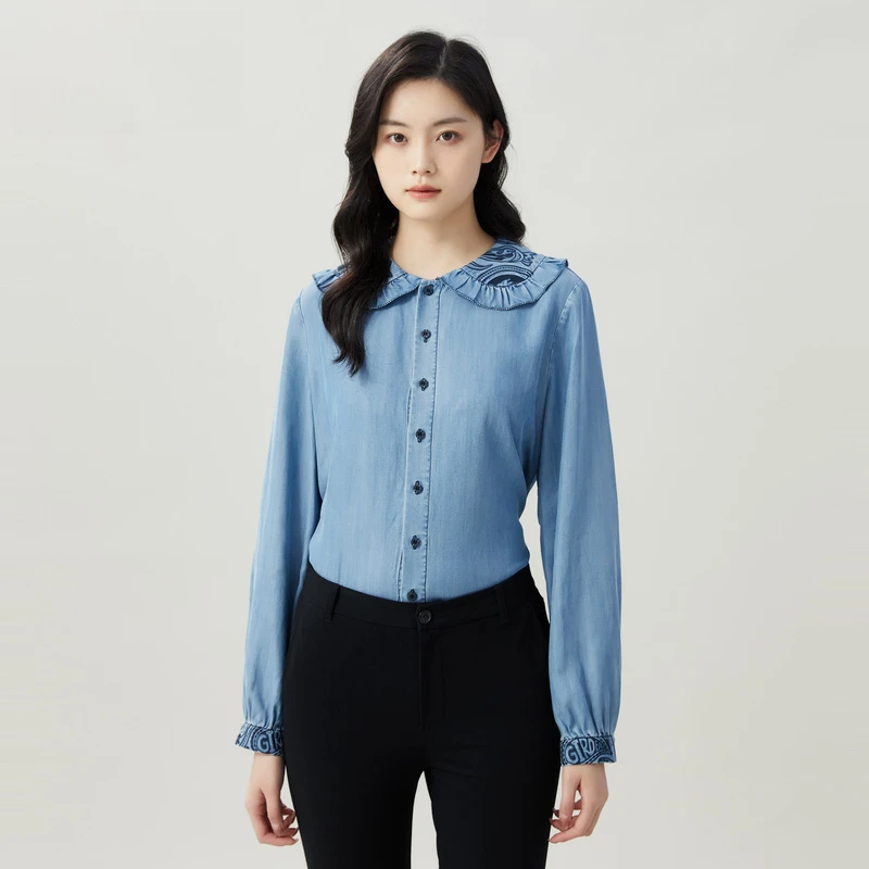 哥弟新款女装通勤减龄甜酷娃娃领长袖单排扣水洗牛仔衬衫1300800