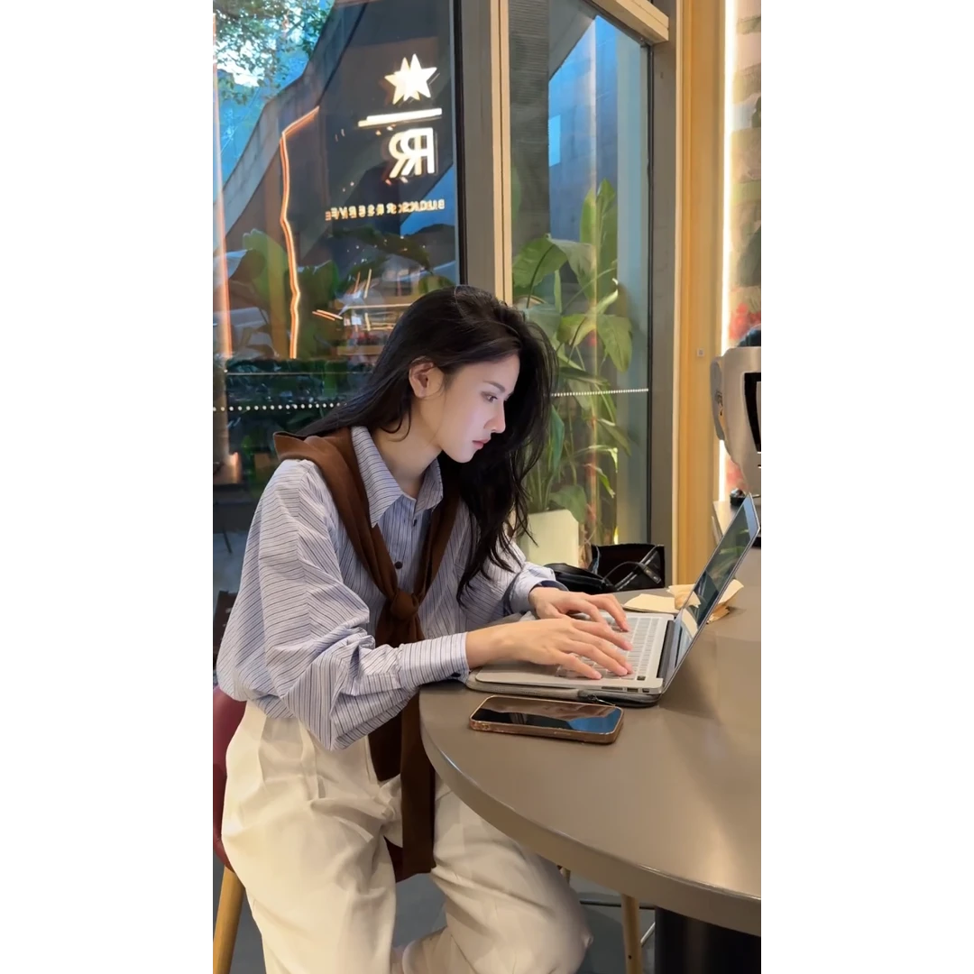 parkyeon早秋穿搭条纹复古披肩衬衫女高腰显瘦阔腿休闲裤两件套