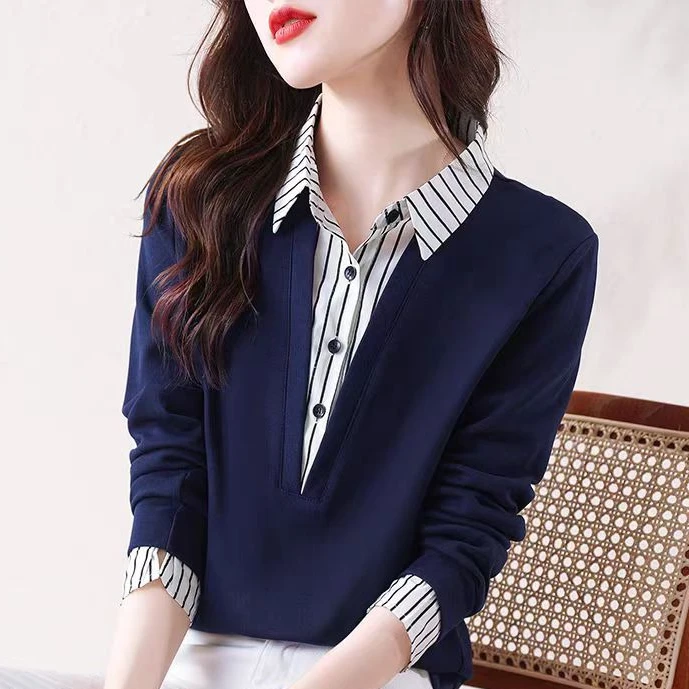 职业阿玛诗官2025秋冬季新款时尚气质拼接衬衫假两件卫衣女装上衣