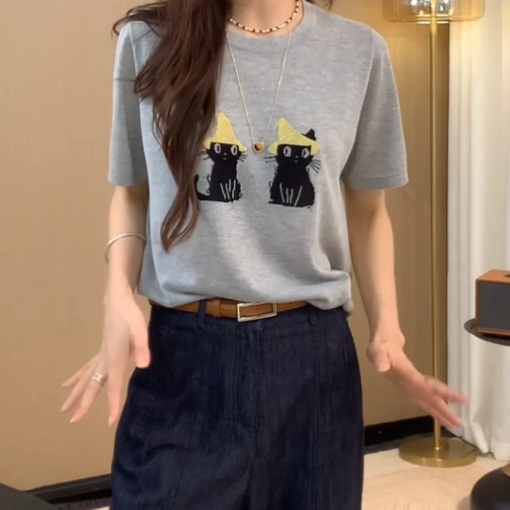 【休闲小猫麻纱短袖针织衫 】新款女款休闲百搭显瘦减龄款