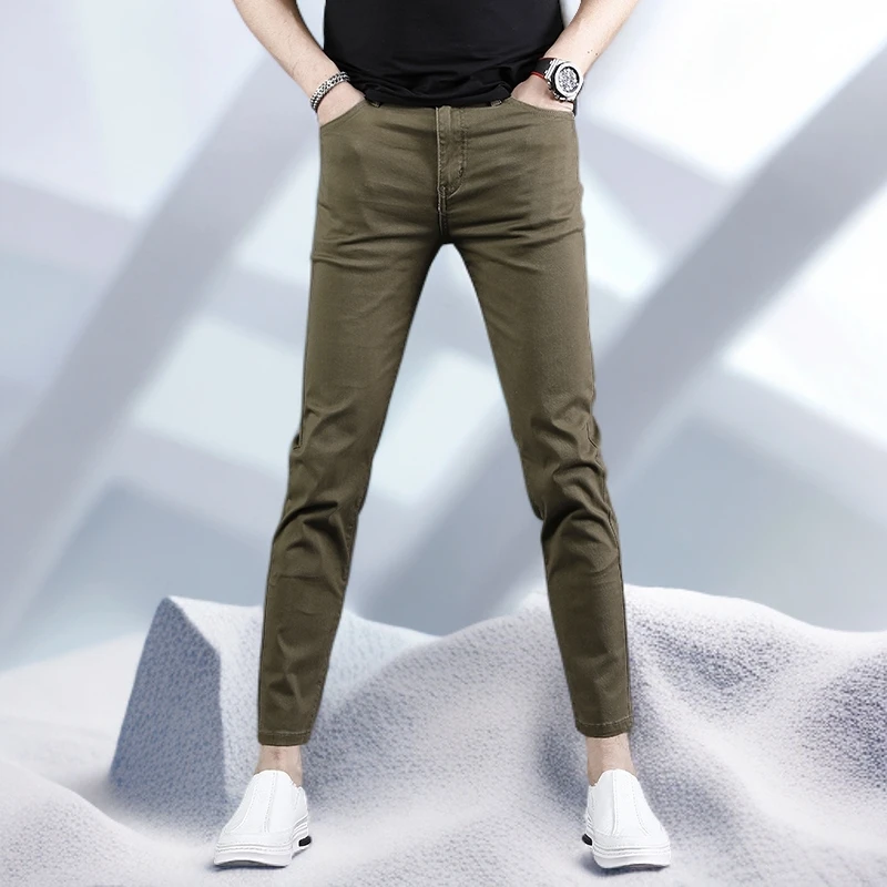宾斯洛特军绿九分牛仔裤修身小脚夏季薄款新款休闲显瘦男士9分裤