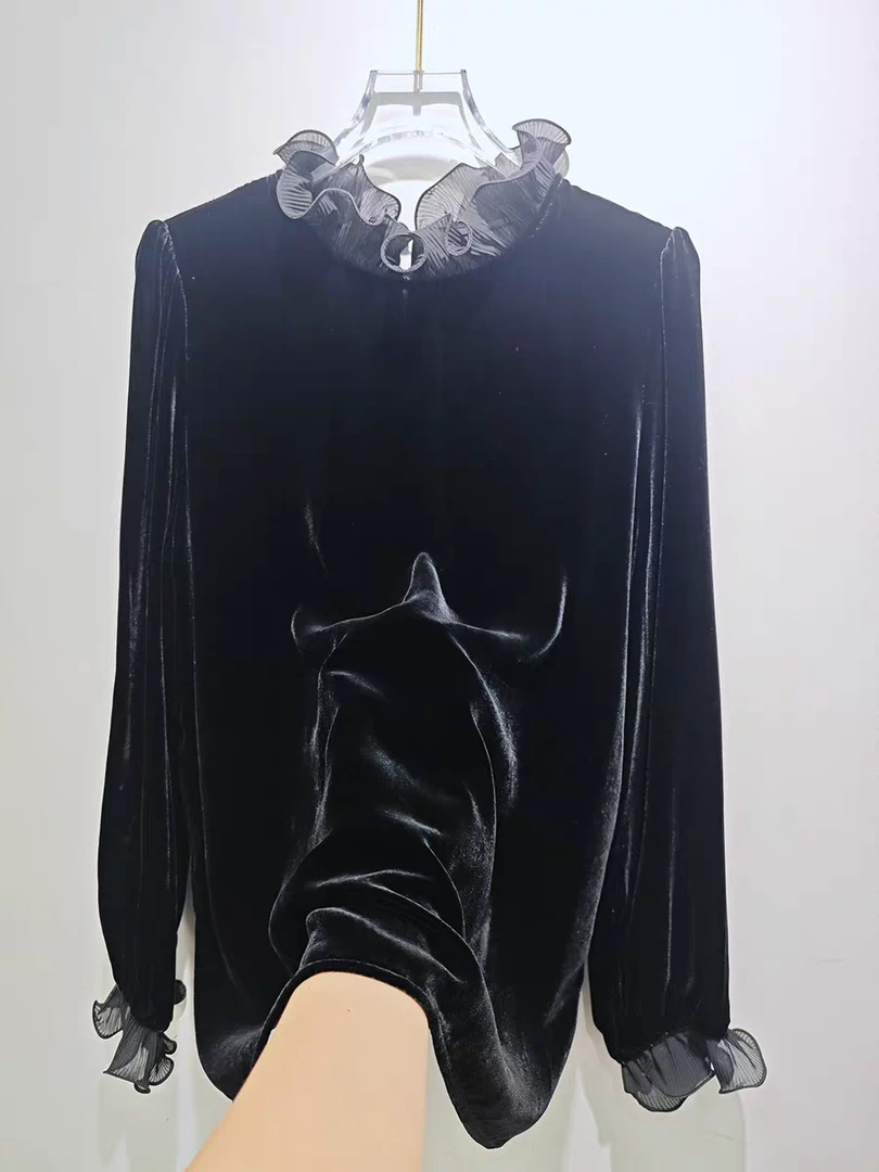 真丝丝绒拼接蕾丝花边领丝绒长袖t恤女新款春宽松内搭打底衫女