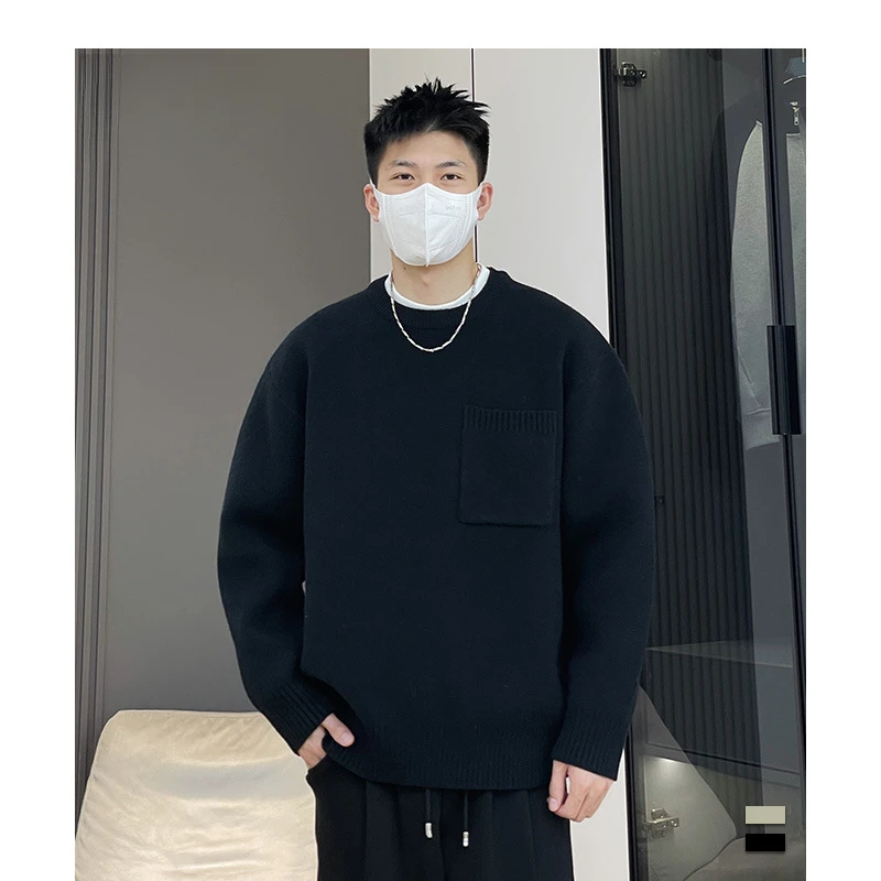男士春秋休闲宽松软糯保暖重磅内搭潮流情侣圆领纯色长袖针织衫