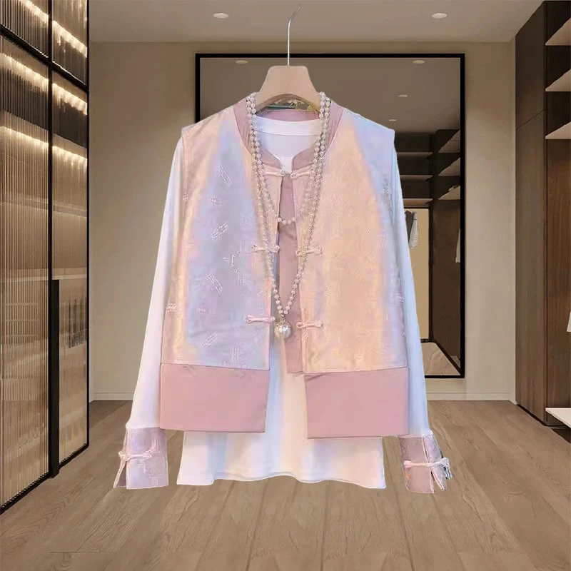 国风暗花复古衬衫叠穿马甲女款2025新款春秋季小个子时尚两件套潮