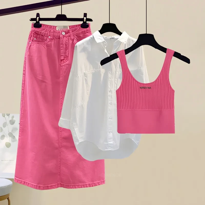 时尚女装春季套装女2025新款气质显瘦吊带衬衫牛仔半身裙三件套潮