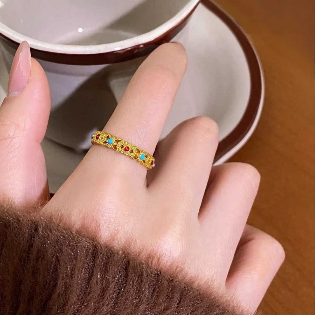 铜合金珐琅戒指 新中式珐琅彩戒指女轻奢高级感食指环新款