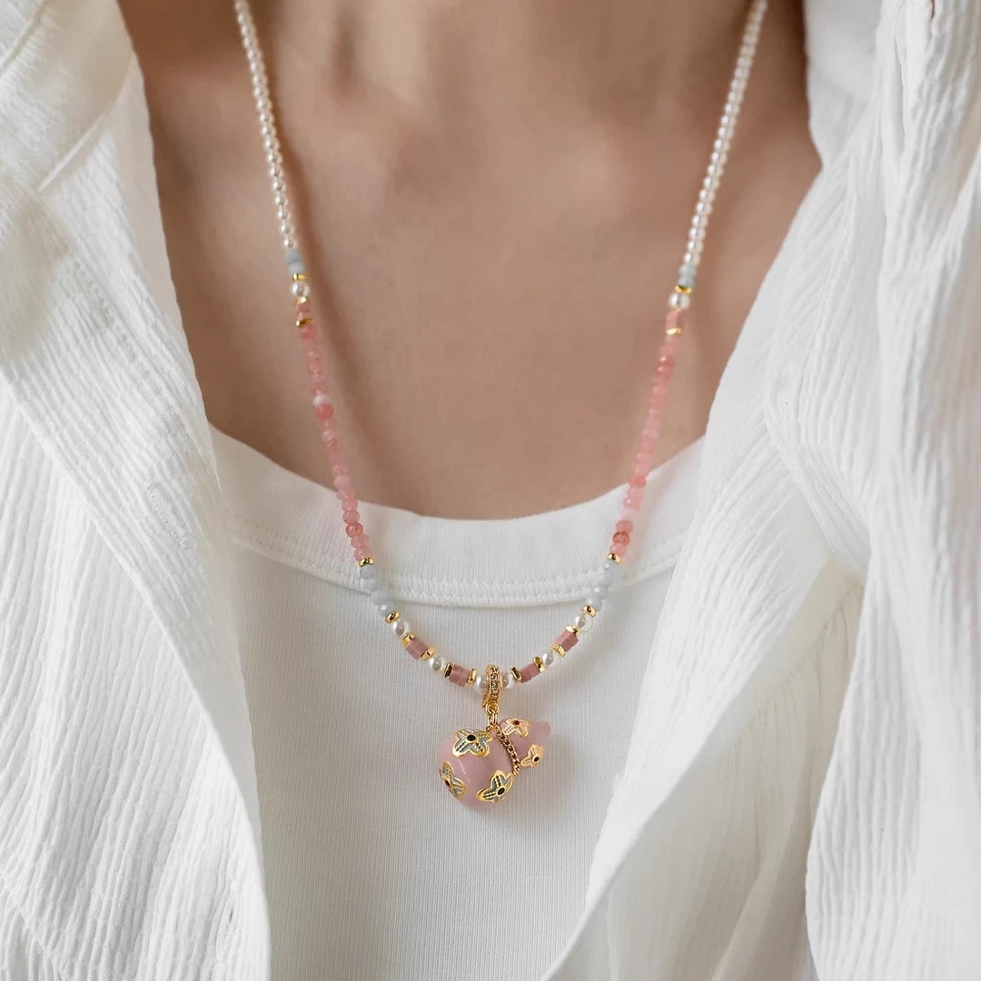 铜合金项链 新中式复古轻奢粉色葫芦串珠项链女高级感锁骨链配饰