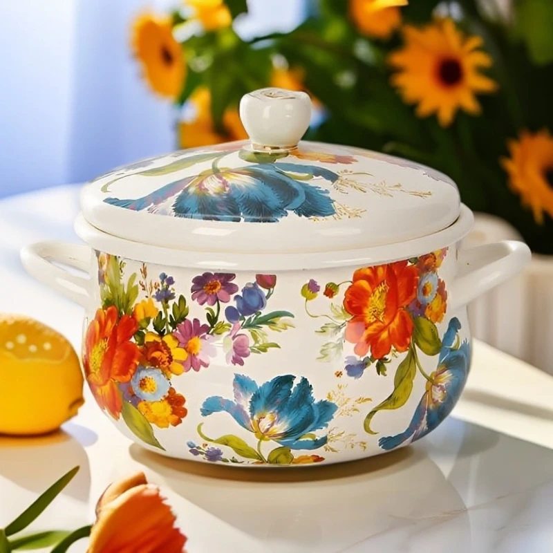 26cm翻边卡通锅美国花 家用汤锅珐琅特厚炖锅
