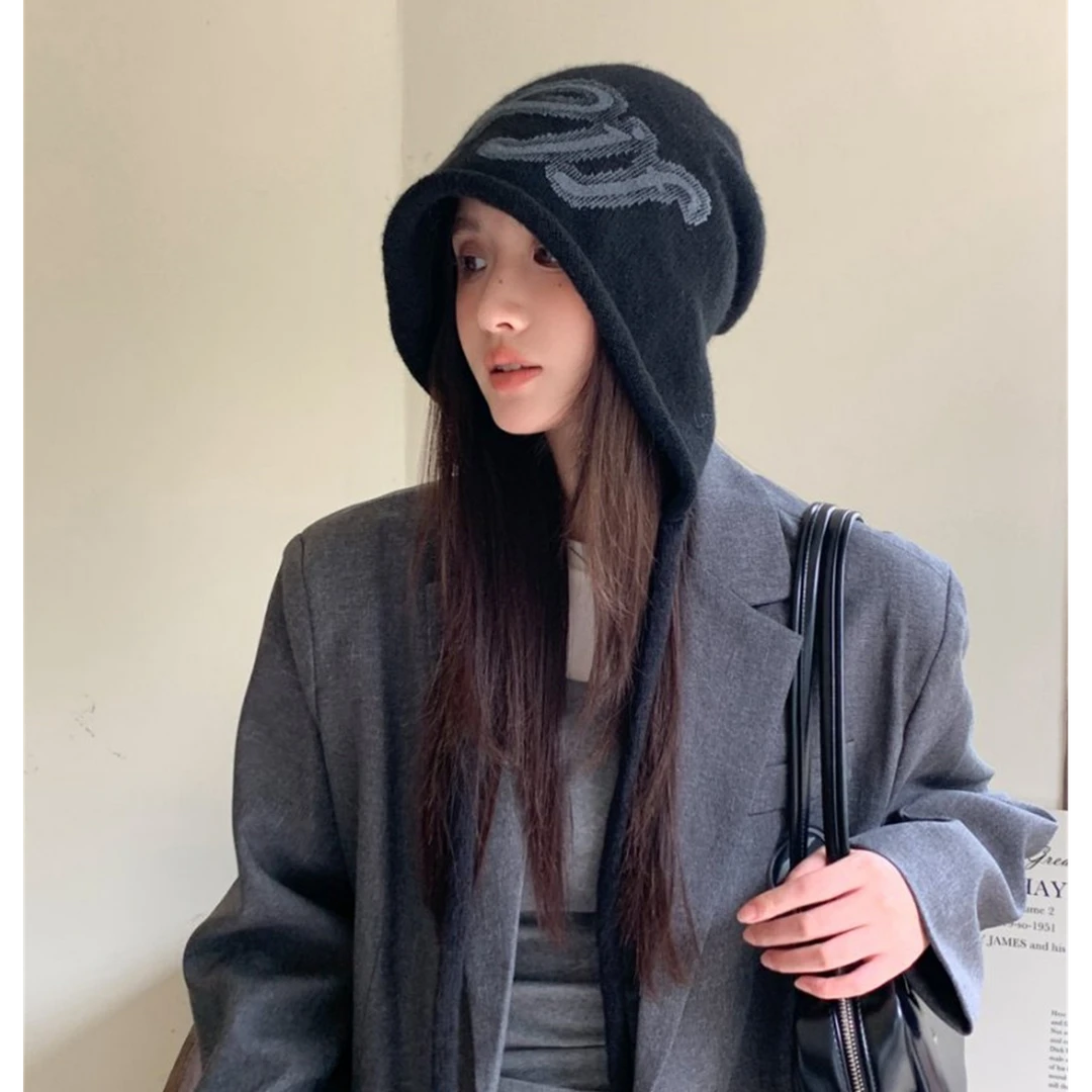 秋冬新款后开叉卷边针织包头帽女韩版户外休闲大头围保暖护耳帽潮