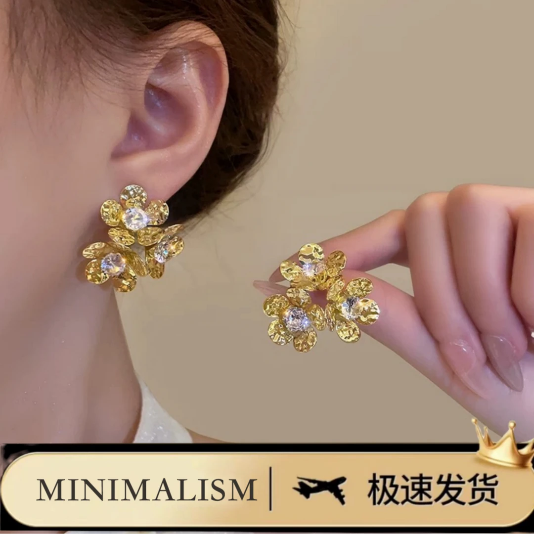 铜合金耳饰 925银针「一时繁华」方圆脸必备！重工金色花簇耳饰S-101