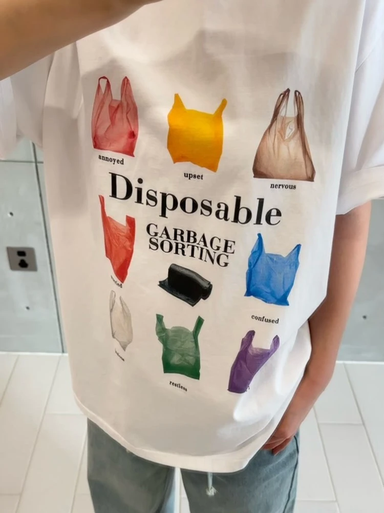 设计感情绪垃圾袋白色印花短袖t恤夏季高级小众不撞款超好看上衣