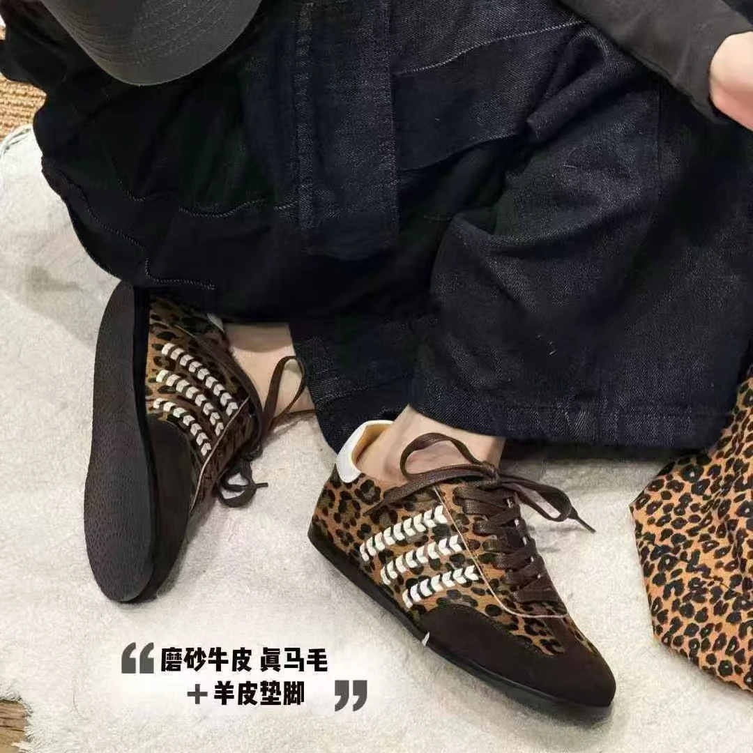 欧货豹纹款复古休闲阿甘鞋韩系百搭板鞋系带秋季新款休闲鞋德训鞋