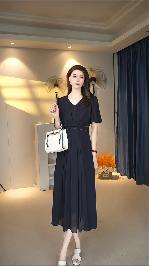 夏季时尚显瘦设计感轻奢中长款女装连衣裙 B1922