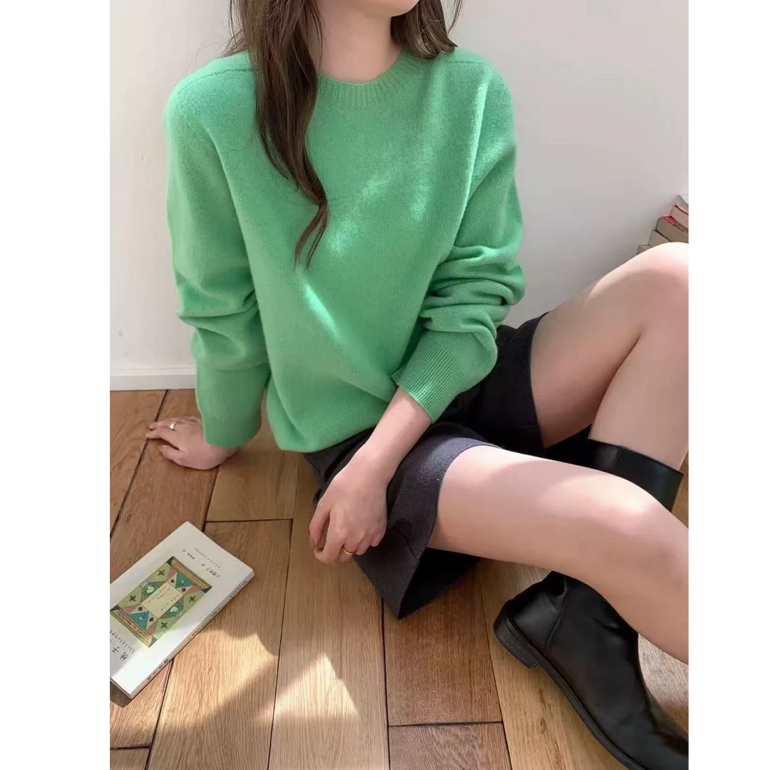 【绿色】法式套头宽松慵懒风长袖显瘦百搭针织衫女